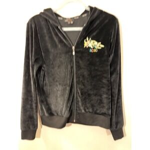 VTG BCBG Black Velour Hooded Jacket L Floral & Peacock Embroidery